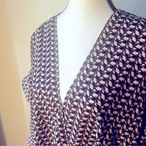 Max Studios | Top | 1X | cream, blue, coral, gold wrap top, ruffle sleeve